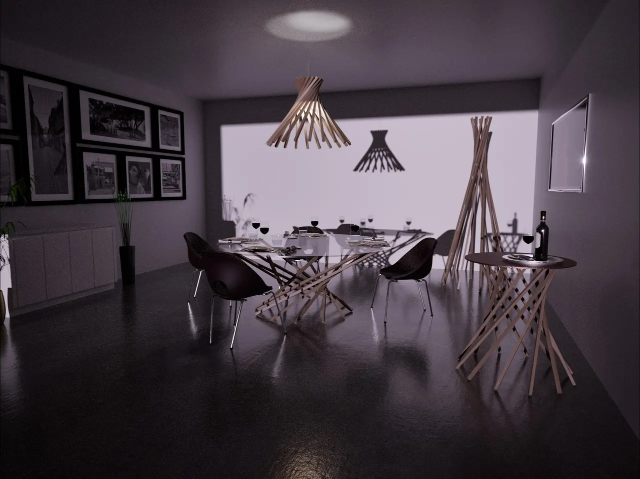 Pendant lights of interlocking timber sticks over a dining table