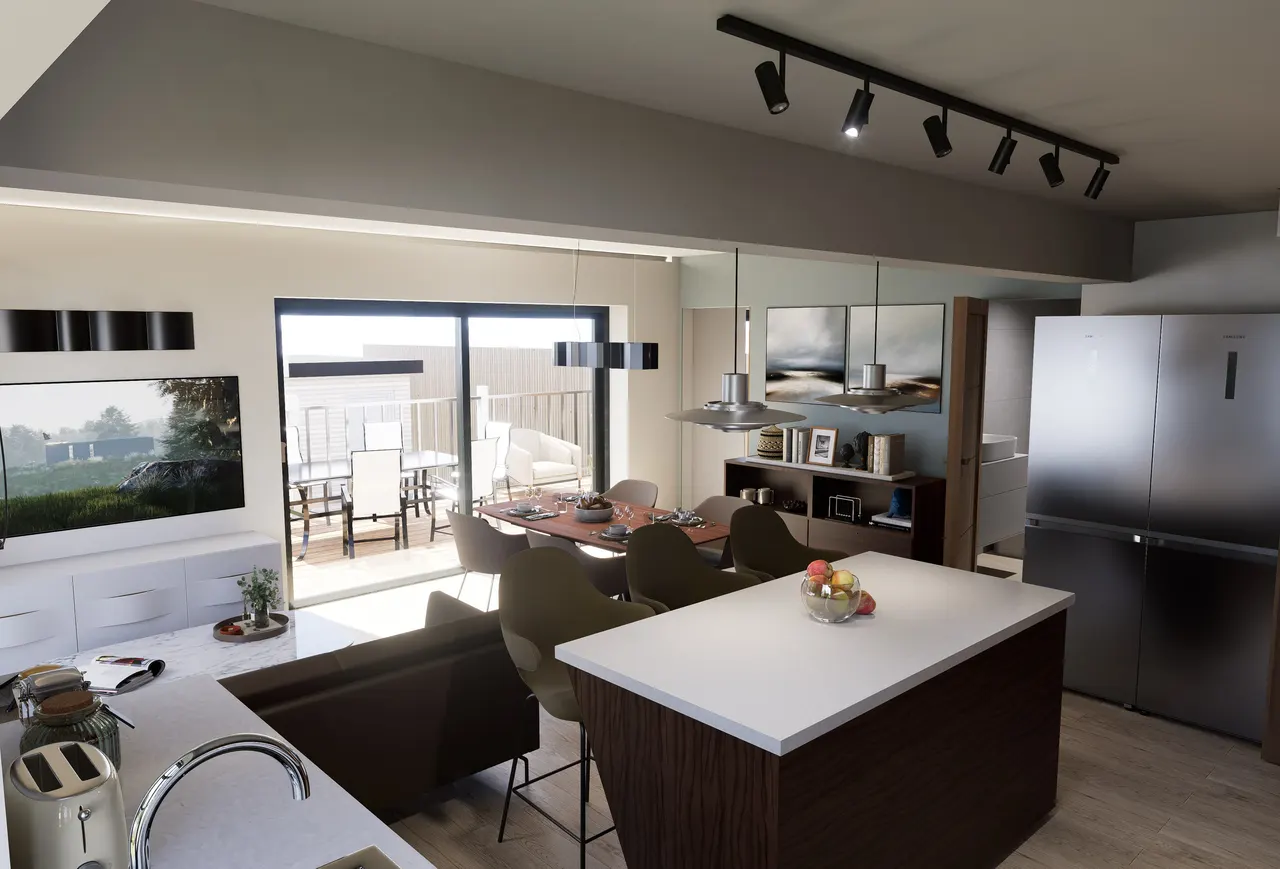 The new open-plan kitchen looking towards the garden doors