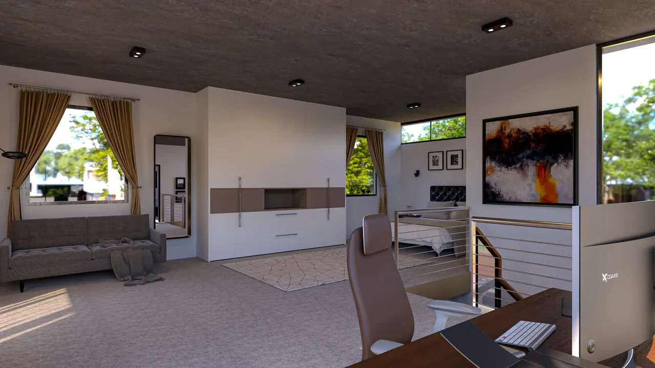A bedroom with a desk and a view to the garden