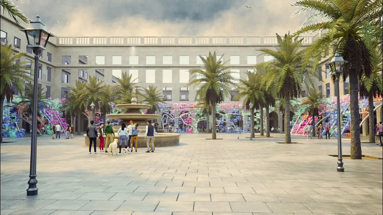 The veranda extending from the colonnade into the square