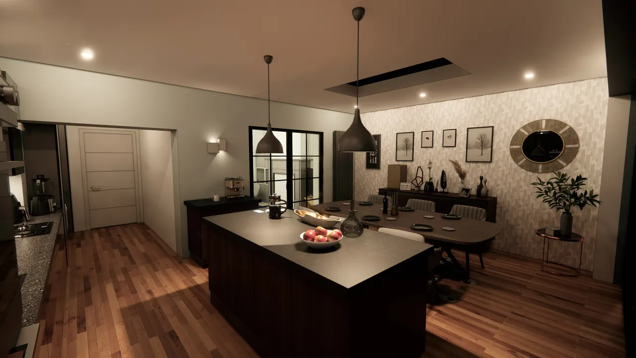 The kitchen island beneath pendant lights