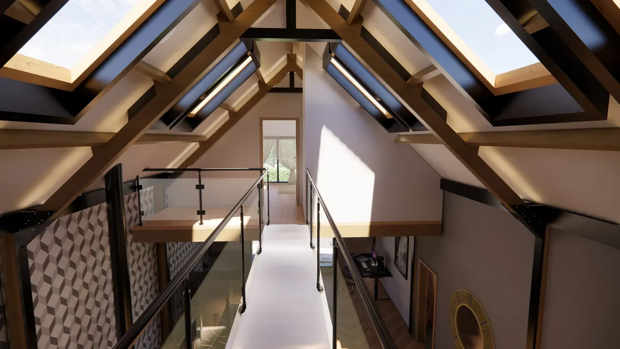 The floating walkway beneath the exposed roof trusses