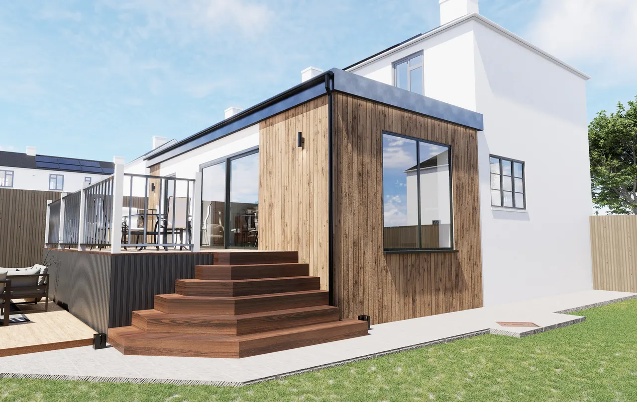 The timber-clad rear extension with its stepped deck and aluminium glazing