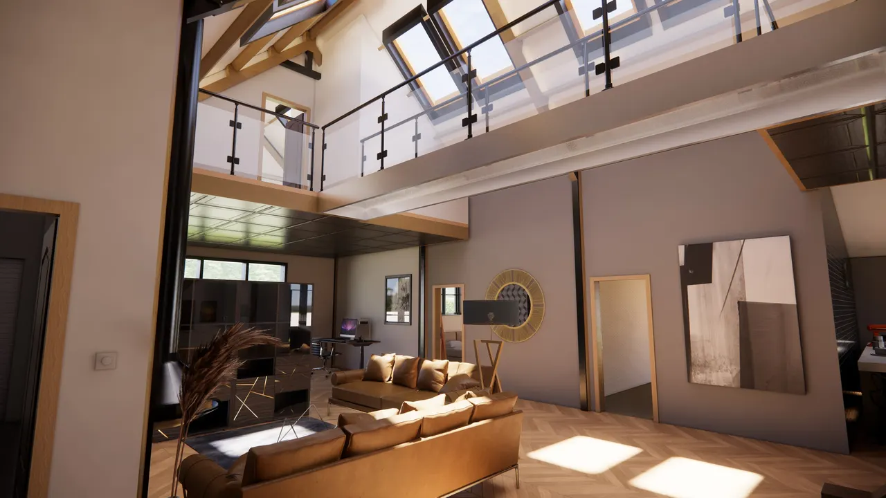 The double-height living space with the walkway above