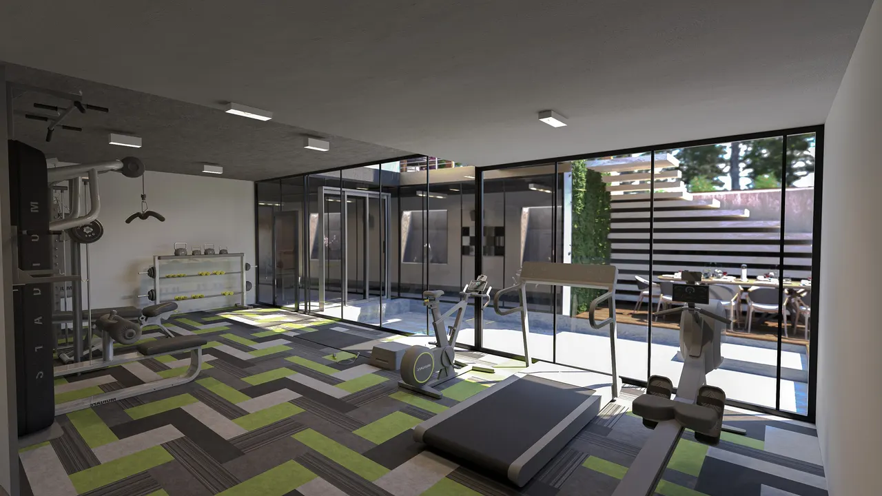 The gym behind a glazed screen