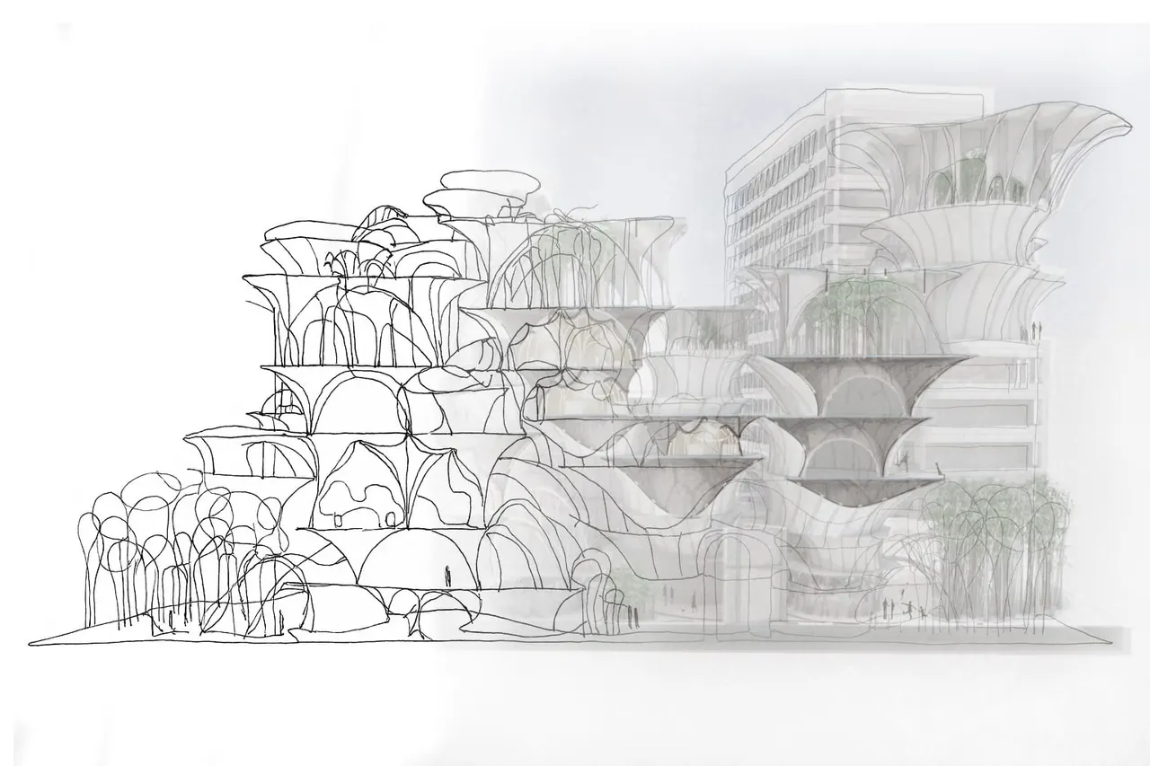 A blended line drawing of the domes among city buildings