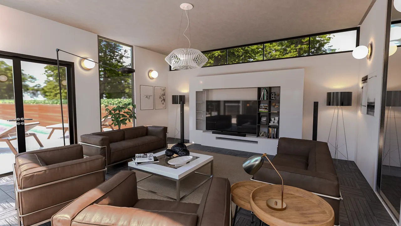 The living room with full-height glazing to the terrace