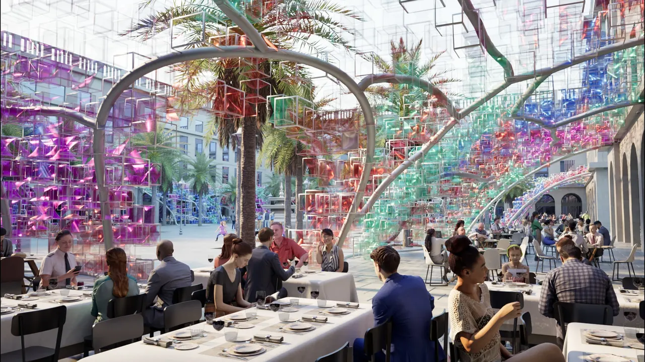 A canopy of coloured tubes and panels over a restaurant terrace in a Barcelona square
