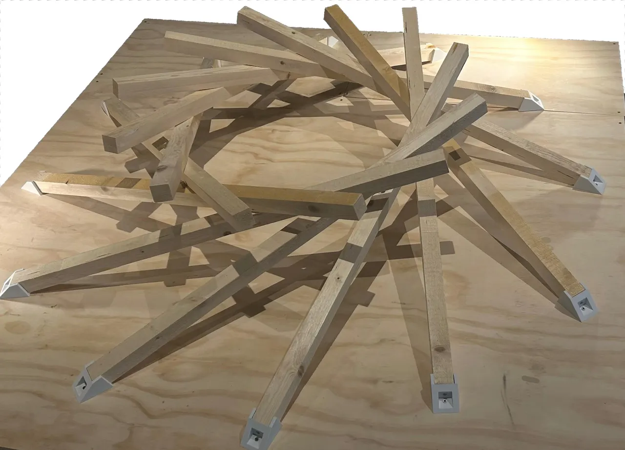A finished self-supporting ring of timber sticks