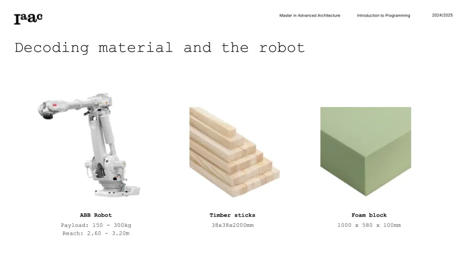 The robot, timber and foam block used in fabrication