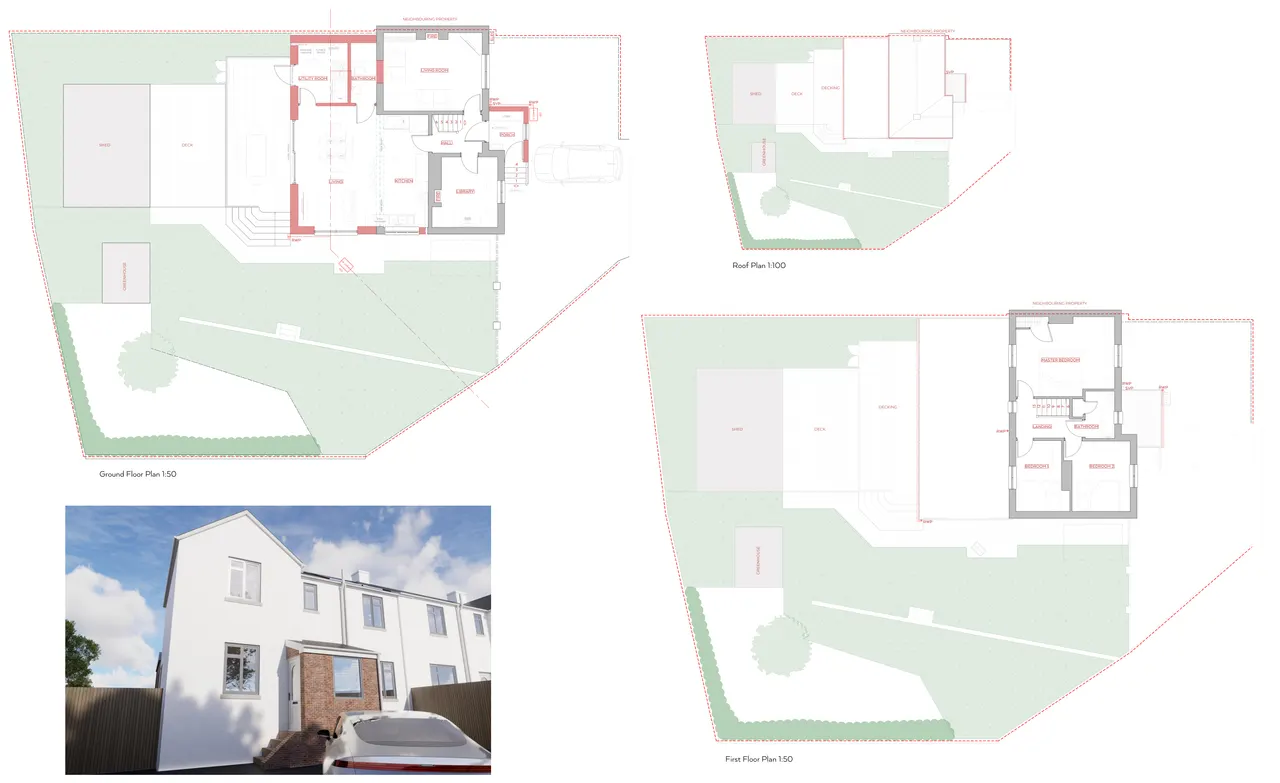 Proposed ground floor, first floor and roof plans, with a render of the porch