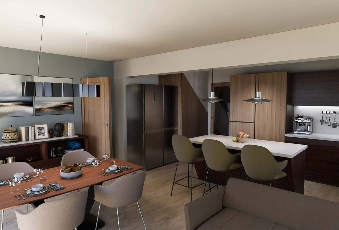 Dining table and kitchen island in the extended ground floor