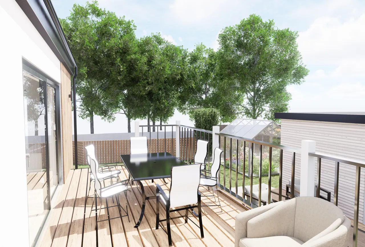 Dining on the raised deck, level with the kitchen floor