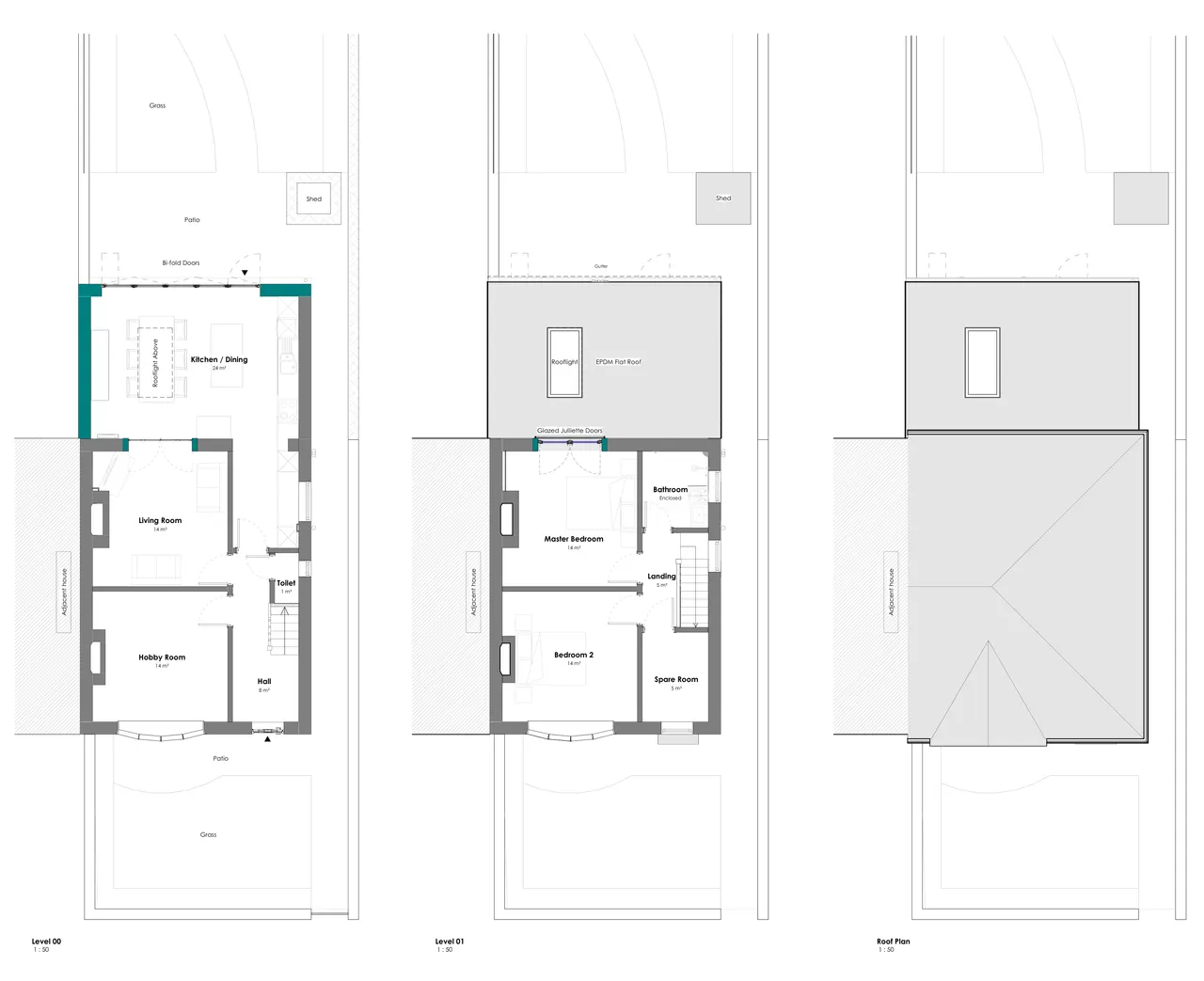Ground floor, first floor and roof plans of the extension