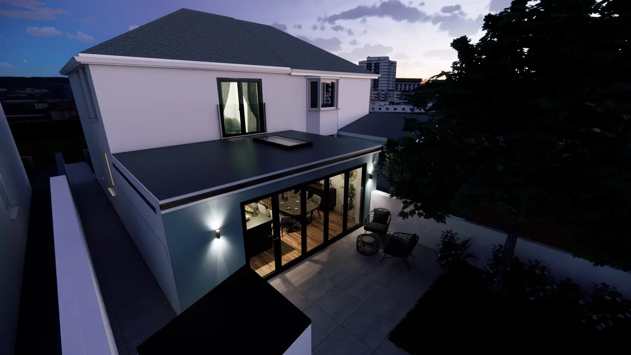 The extension lit from within at dusk