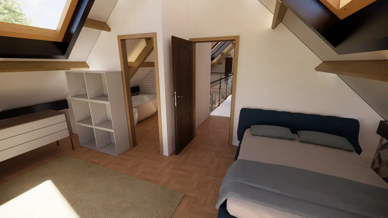 A bedroom under the roof trusses, lit by a rooflight