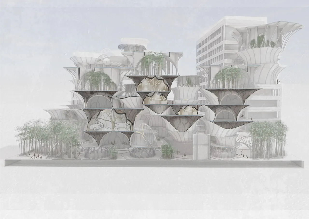 Dome-estic, a stack of bamboo and charcrete domes rising between city buildings